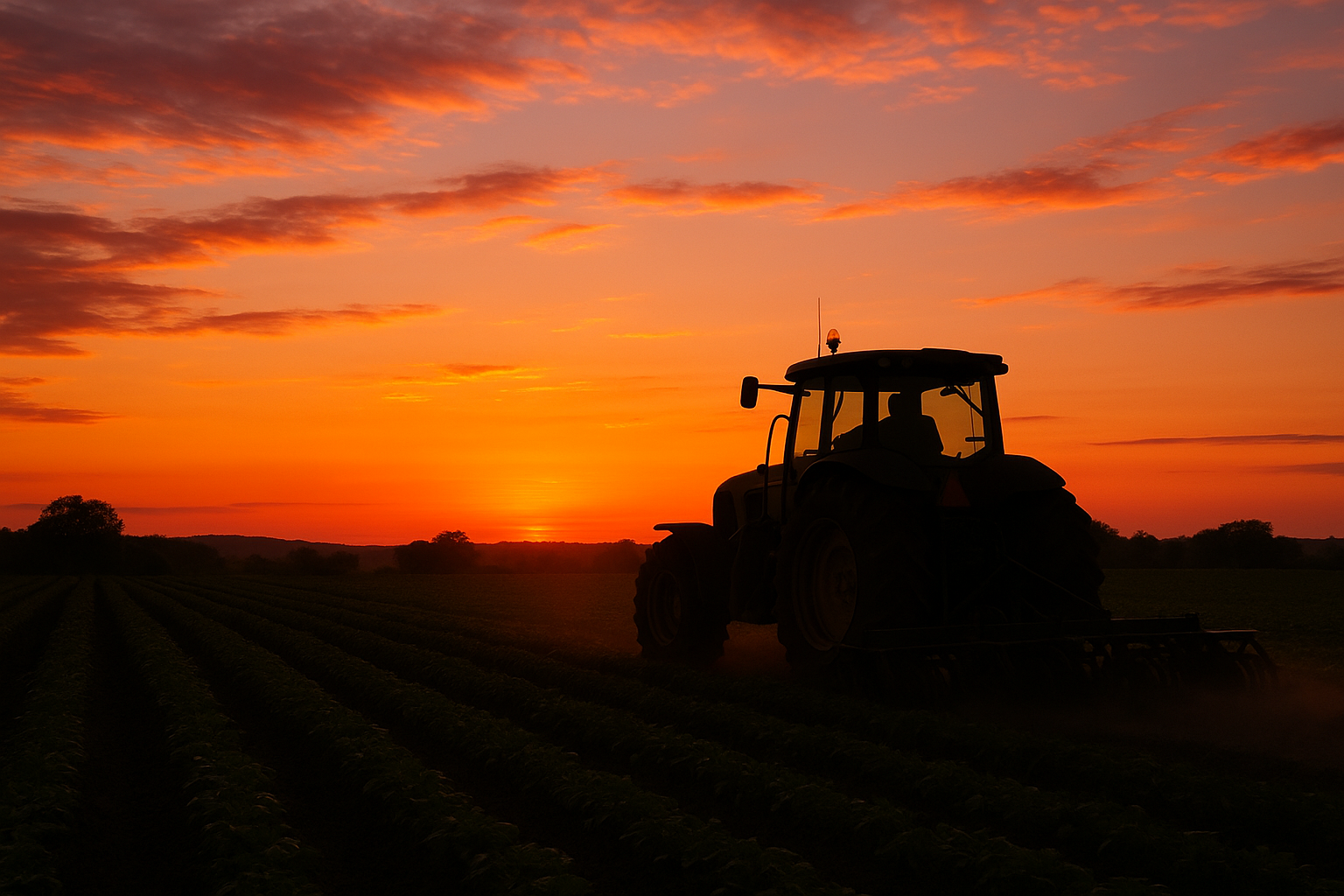 Tractor trabajando en un campo al atardecer